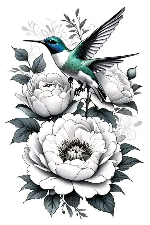Peonies With Humming Bird Flying