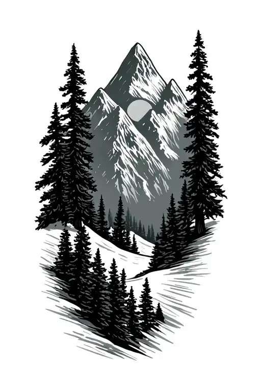 Mountains With Pine Trees And Sun Rays Shining