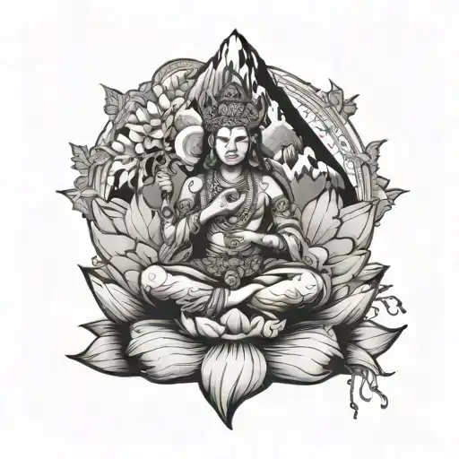 Beautiful Pachamama Sit On Lotus Holding The Earth With Mountain Background