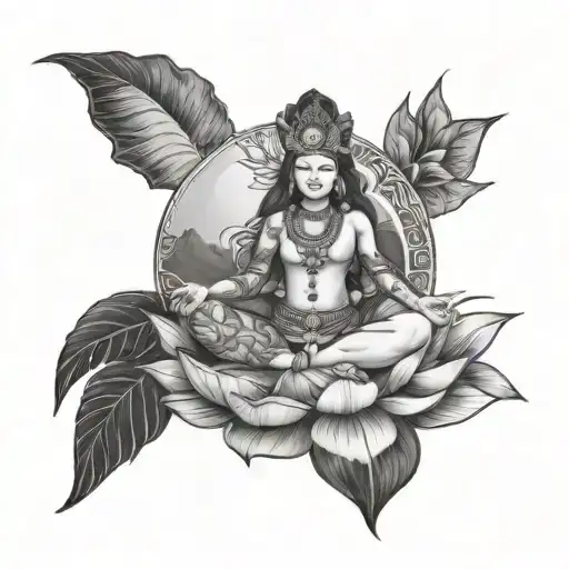 Beautiful Pachamama Sit On Lotus Holding The Earth With Mountain Background