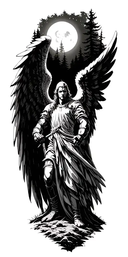 Angel Knight Cutting Off His Wings In The Woods During Dark Night With A Full Moon