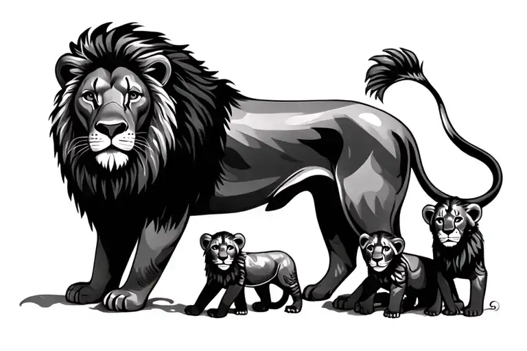 Lion And 3 Cubs Surrounded