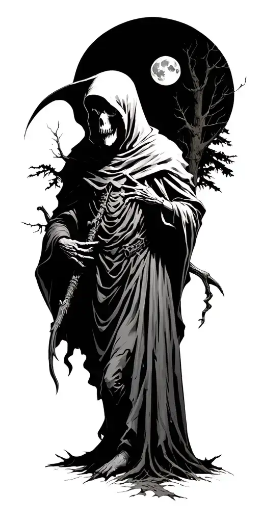 Grimm Reaper In The Woods During Dark Night With A Full Moon
