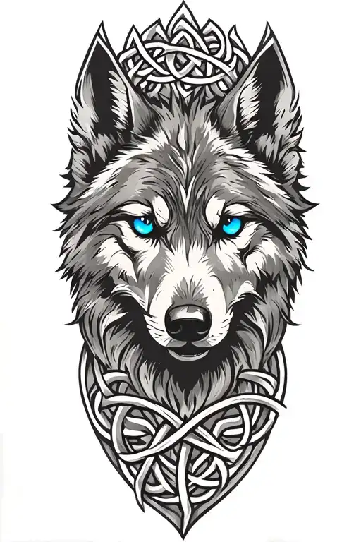 Wolf With Blue Eyes On Armor Tattoo Design Featuring Celtic Trinity Knot