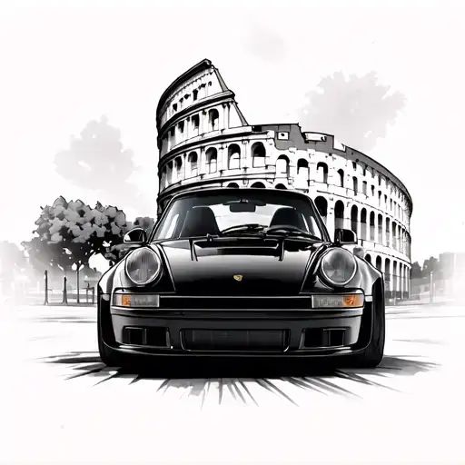 A Part Colosseum Whith A Small Street Below And Far Away A Black Porsche 911 From The Back