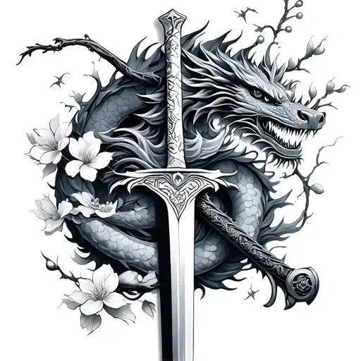 Broken Samurai Sword Wrapped With A Dragon And Cherry Blossom