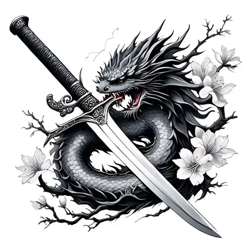 Broken Samurai Sword Wrapped With A Dragon And Cherry Blossom