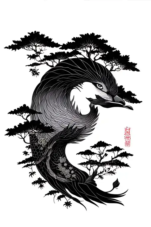 Fine Line Tattoo Design Incorporating Elements Of Nature And Japan