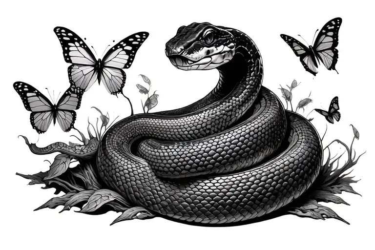 A Snake As The Trunk Of The Tree With Butterflies Floating Around It