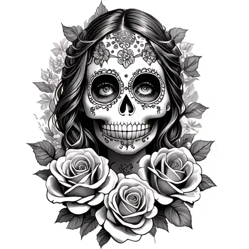 Girl Sugar Skull Surrounded By Roses