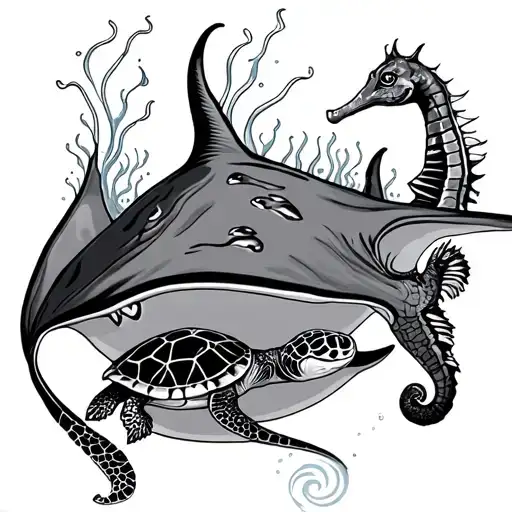 Sting Ray With Sea Horse And Sea Turtle