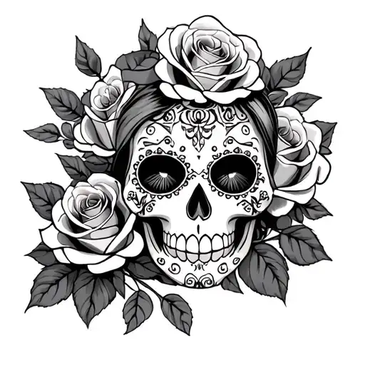 Female Sugar Skull Surrounded By Roses