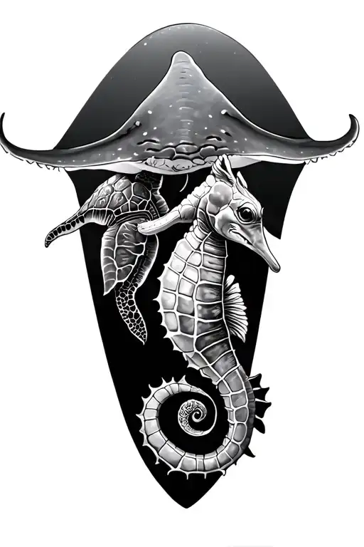 Sting Ray With Sea Horse And Sea Turtle