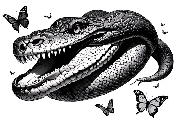 A Snake Head As The Tee Trunk With Butterflies Floating Around It