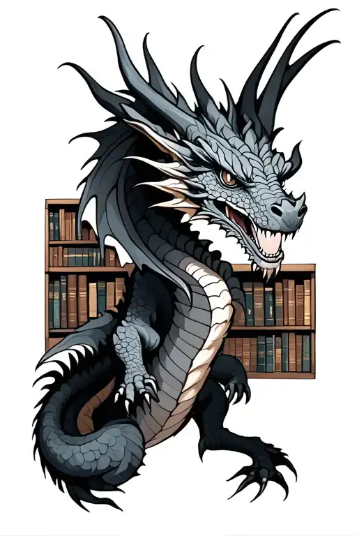 Dragon Surrounded By Bookshelves Filled