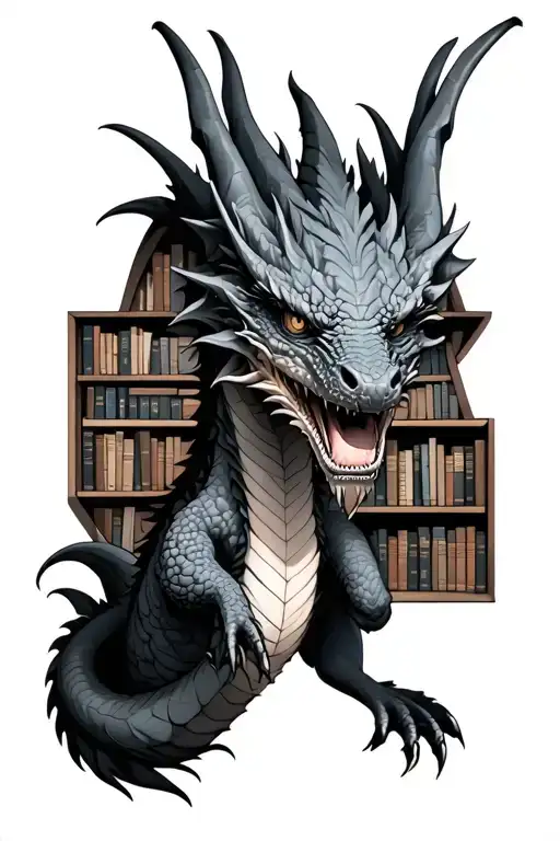 Dragon Surrounded By Bookshelves Filled