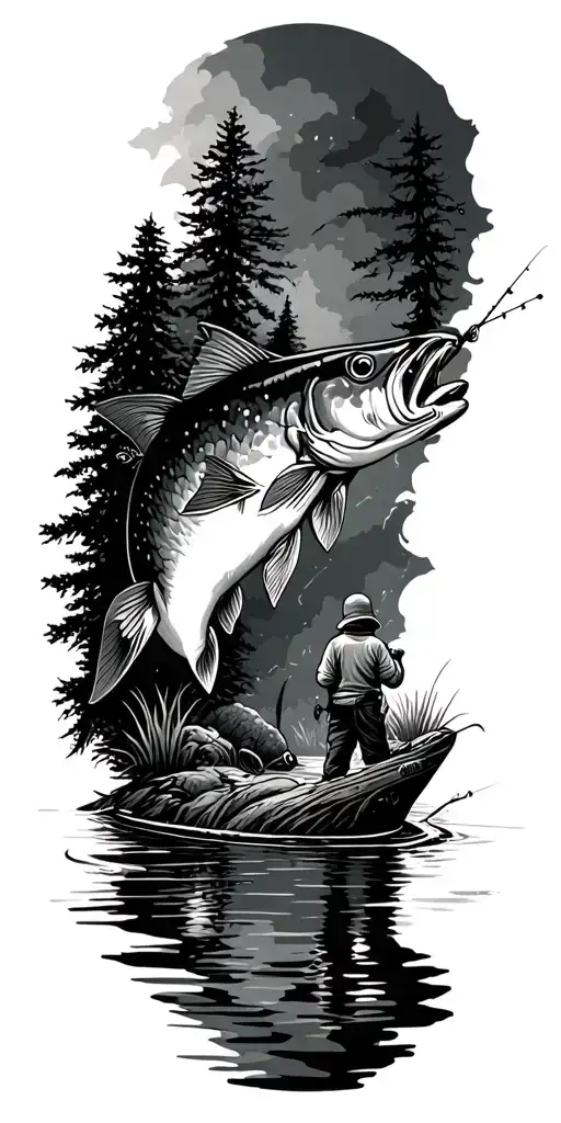 Nature Scape Fishing And Hunting Scene