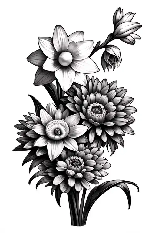 2 Daffodils And 2 Chrysanthemums