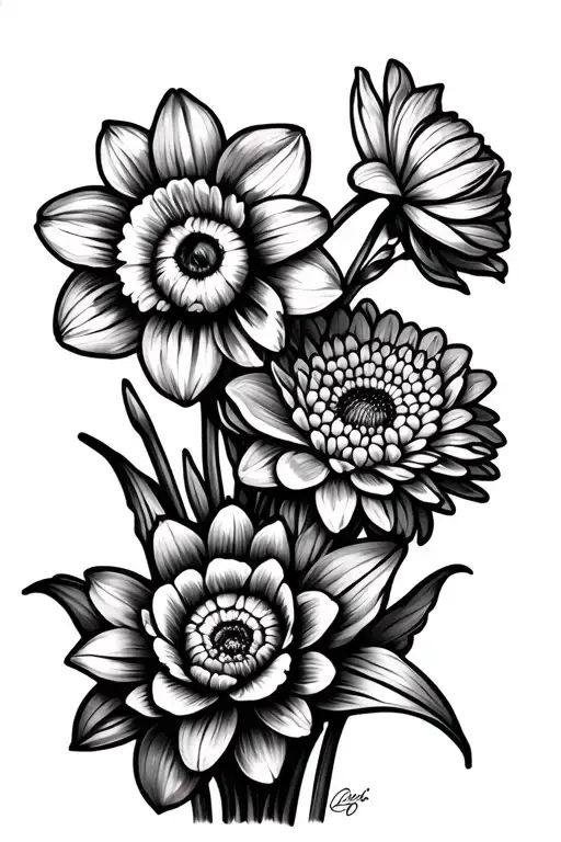 2 Daffodils And 2 Chrysanthemums