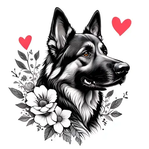 German Shepard Outline With Flowers And Heart