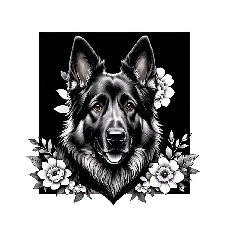 German Shepard Outline With Flowers And Heart