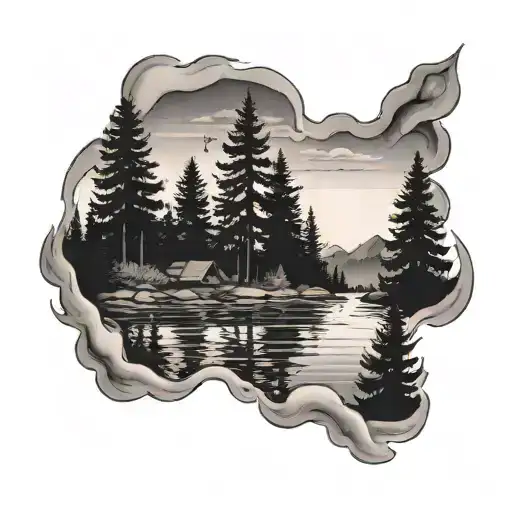 A T With Pine Trees And A Lake Scene