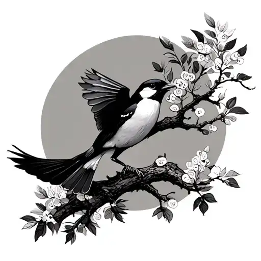 Wattle Tree And Magpie Flying