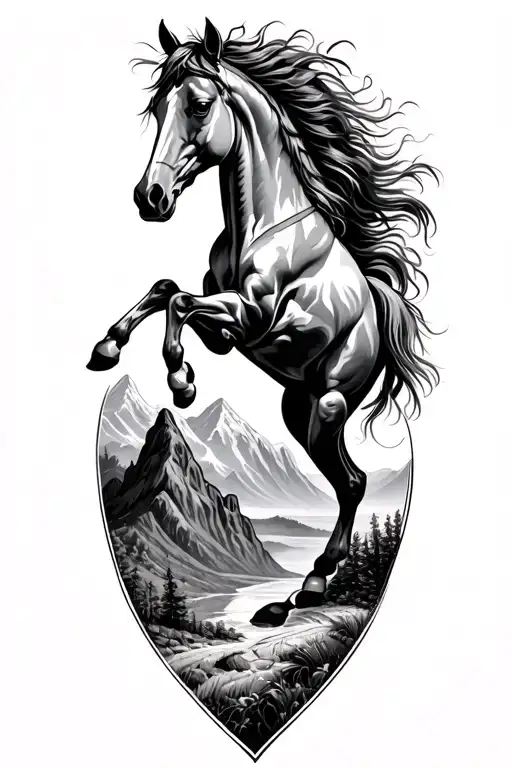Horse Rearing Up With Mountain Landscape Coming Off It's Back