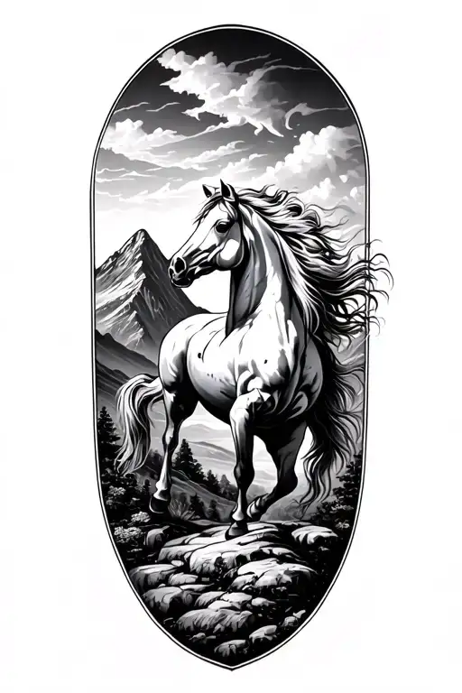 Horse Rearing Up With Mountain Landscape Dissolving Into It's Back