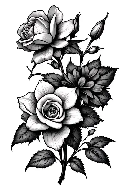 Rose And Narcissus Flowers Growing Fine Line