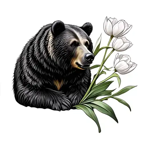 Bear And Tulips Black And Grey