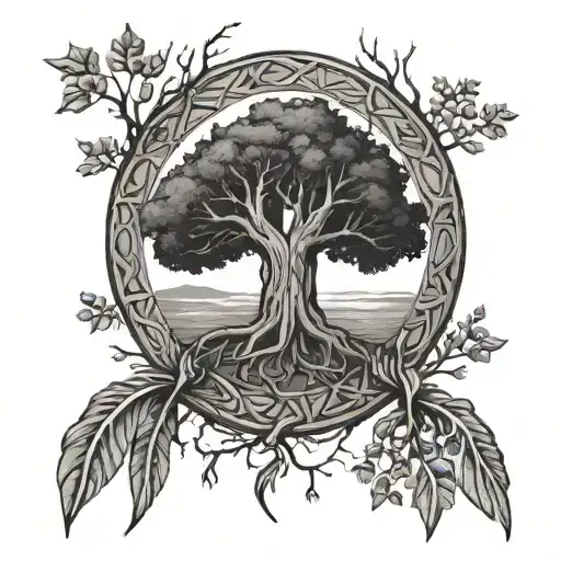 Nordic Runes On Hand Tied Together By Roots Of A Tree