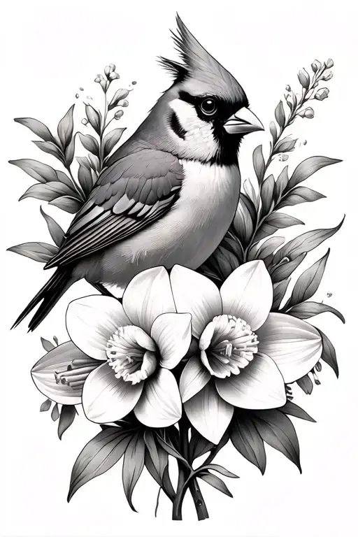 Cardinal And Daffodil Flowers