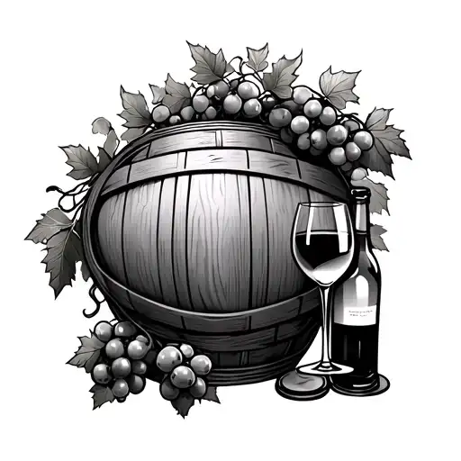 Wine Barrel With Grape Vines And Old Wicker Wine Bottle And Wine Glass