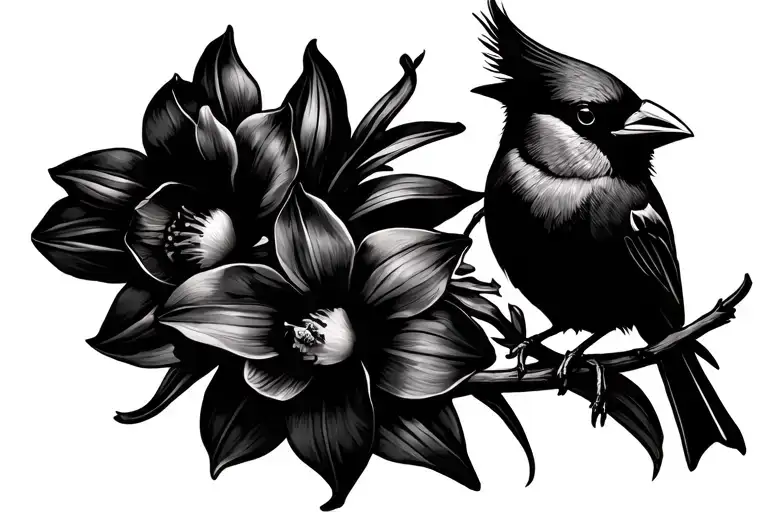 Cardinal And Daffodil Flowers