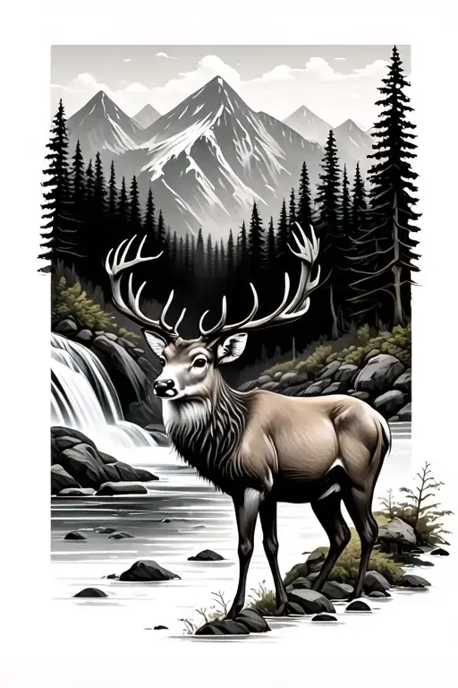 Deer Standing Forrest Waterfall Mountains