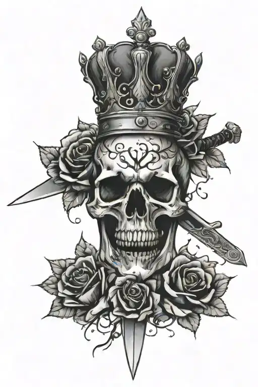 Sword Stabbing Skull Wearing A Crown Made Of Roses