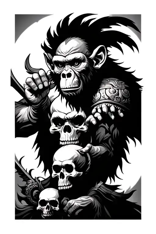 Evil Monkey King With Skulls Battling