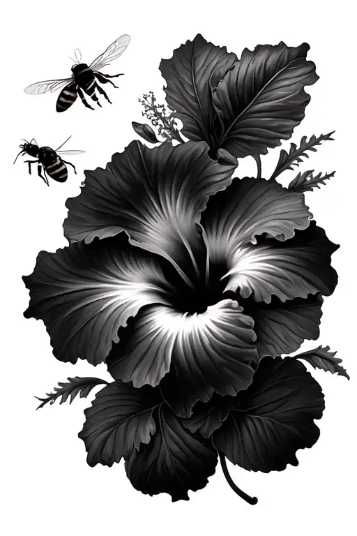 Hibiscus Flowers With A Small Bee Flying Towards