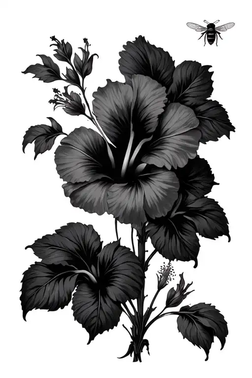 Fine Line Hibiscus Flowers With A Small Bee Flying Towards
