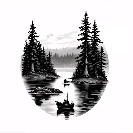 I Want A Forearm Tattoo Of A River Flowing Through A Pine Tree Forrest With A Boat In The Middle