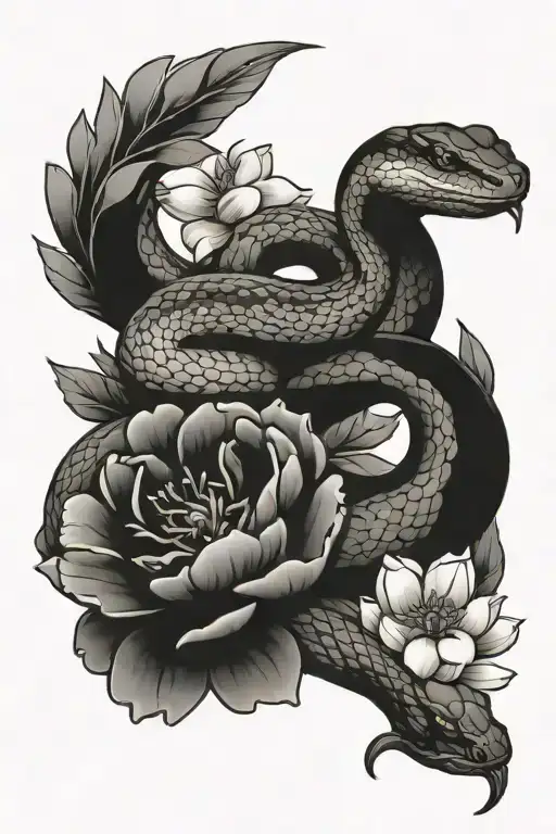 Snake With Peonies Blooming