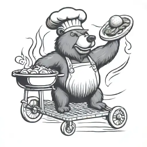 Black And Grey Tattoo Of A Bear Cooking On A Grill With A Chef's Hat On