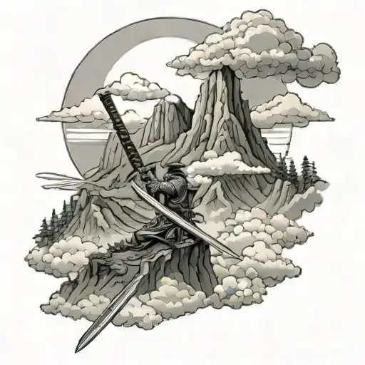 Japanese Mountains With Clouds And A Samurai Sword