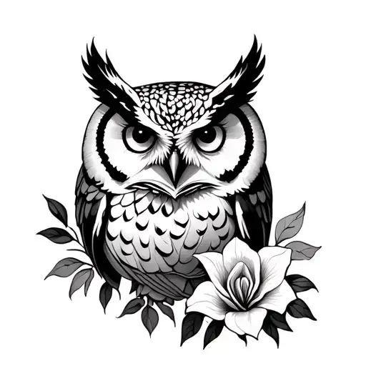 White Owl With Amaryllis And Rose Flowers