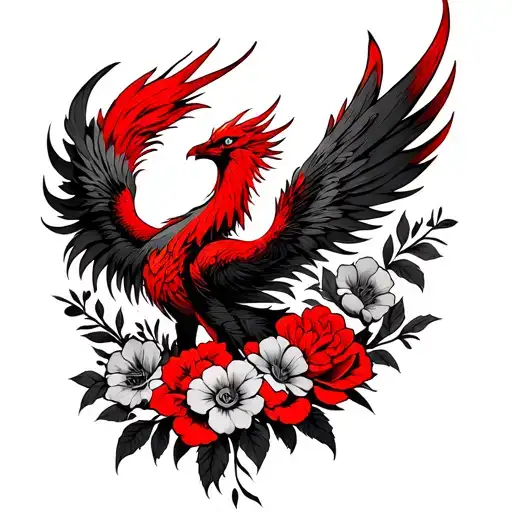 Red Phoenix With Flowers Around It