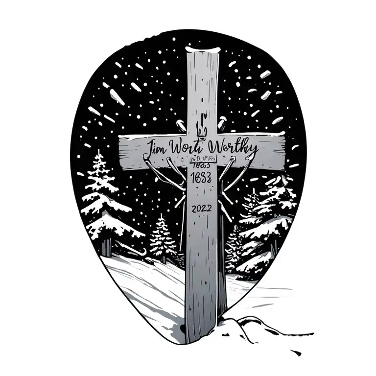 Cross Made Of Skis In Snow Memorial Piece For Jim Worthy With Dates 1965-2022