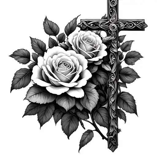 Cross With Rose Bushes In Background