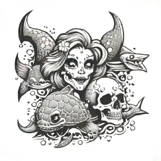 Mermaid Anchor Skulls Turtles Shark Starfish Bubbles