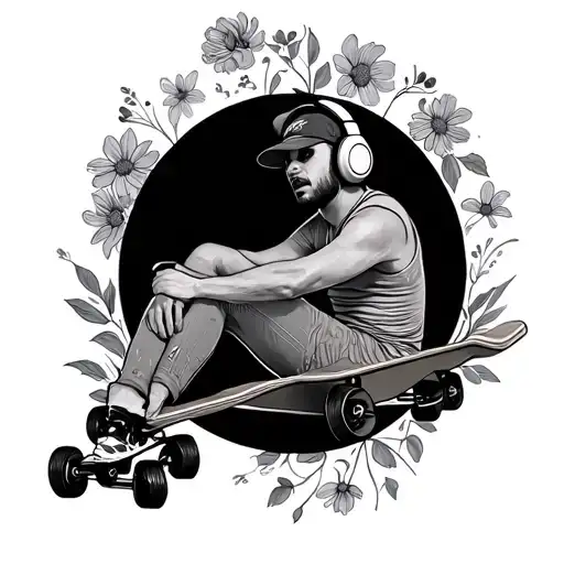 Longboard With Stick Arms And Legs With Headphones On And Flowers